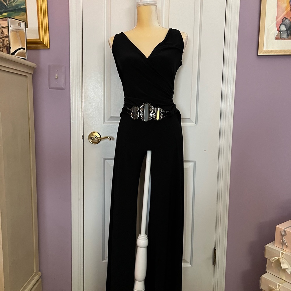 Elegant Black V-neck Jumpsuit with Jeweled Belt